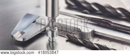 Hex Drill Bit Screw Hex Bolt In Metal Steel Plate With Ruler And Caliper. Spanner, Bolt, Screw And N