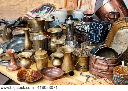 Lviv, Ukraine - March 7, 2021 : Antiques On Flea Market, Vintage Silver Cultery - Spoons, Knifes, Fo