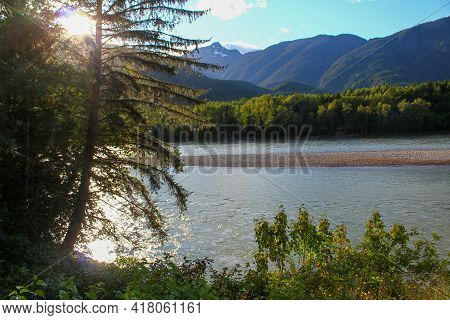 Skeena River Near Yellowhead Highway In British Columbia, Canada. Sport, Travel And Nature Concept. 