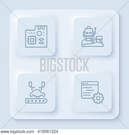 Set Line Motherboard Digital Chip, Robot Humanoid Driving Car, Robotic Robot Arm On Factory And Comp