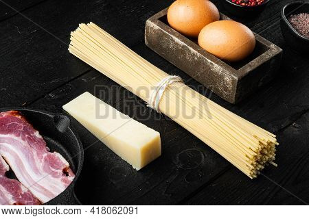 Traidtional Italian Pasta Carbonara Ingredients. Bacon, Spaghetti, Parmesan And Pecorino Cheese, Egg