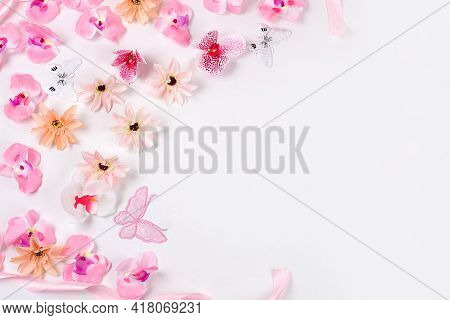Holiday Concept With Flowers, Spring Or Summer Composition, Still Life, Banner, Flat Lay Of Delicate