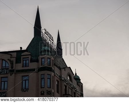 Belgrade, Serbia - December 19, 2019: Close Up On The Sign Of Hotel Moskva At Dusk. This Hotel Is Fa