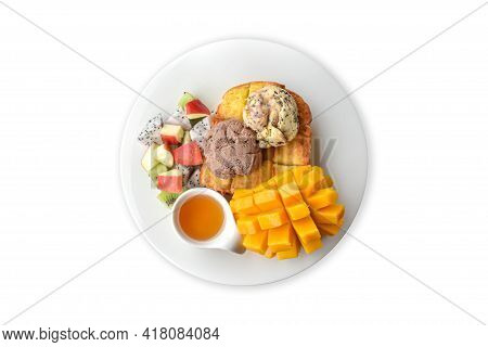 Clipping Path. Top View(flat Lay) Of Honey Toast Mango With Ice Cream Chocolate(chocolate Chip) Isol