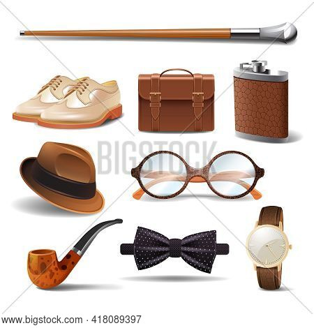 Gentleman Realistic Accessories Decorative Icons Set With Cane Shoes Smoking Pipe Isolated Vector Il