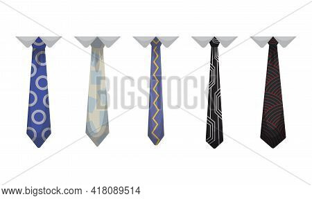 Collection Of Ties. Men Fashioned Accessories. Clothes Design Element Over Isolated On White Backgro