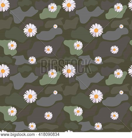 Camouflage Pattern. Seamlrss Pattern With Daisy Wheel. Vector Flat Illustration. Wildflowers.