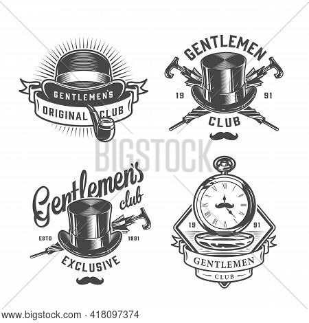 Vintage Monochrome Gentleman Emblems Set With Fedora And Top Hat Smoking Pipe Crossed Umbrellas Pock