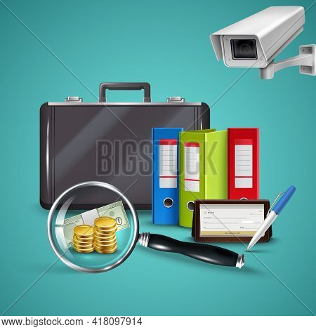 Business Realistic Concept With Various Objects In Office Of Book Keeper Vector Illustration