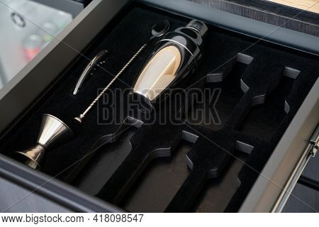 Bartender Tools In Wooden Boxes. Shaker And Tableware In The Drawer. Bartender Equipment.