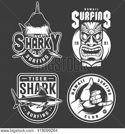 Vintage Monochrome Hawaii Surfing Badges With Angry Sharks Surfer Shaka Hand Gesture And Hawaiian Tr
