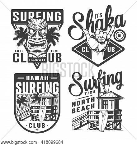 Vintage Surfing Logos Set With Tribal Tiki Mask Shaka Hand Sign Surfer House On Tropical Beach In Mo