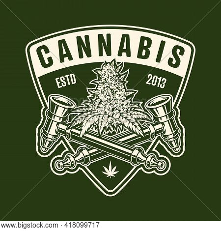 Cannabis Monochrome Emblem With Pipes. Vector Vintage Illustration