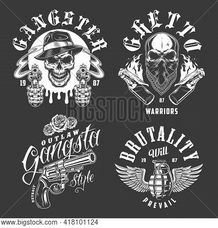 Set Of Gangster Emblems In Monochrome Style. Vector Illustration