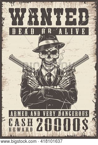 Wanted Vintage Poster With Skull. Vector Illustration