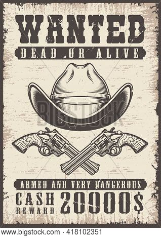 Wanted Vintage Poster With Skull. Vector Illustration
