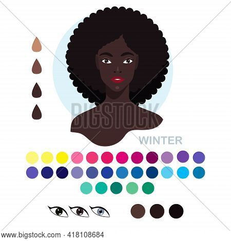 Black Woman Appearance Color Type Winter. Woman Portrait With Color Type Or Types Of Skin Color. Fas