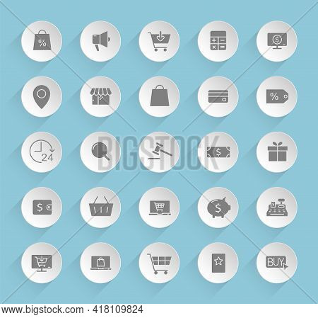 E-commerce Vector Icons On Round Puffy Paper Circles With Transparent Shadows On Blue Background. E-