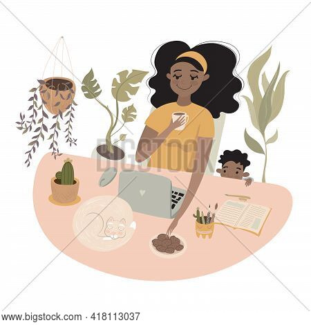 Cozy Work From Home With A Child Vector Illustration