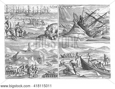 Sheet with four copies after the original illustrations in the travelogue of Willem Barendsz and Jacob van Heemskerck's journey in 1596-1597