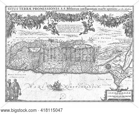 Map of the Promised Land with Lake Tiberias and the Dead Sea.