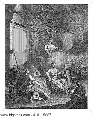 Title page for 'Het Groot Fransch en Nederduitsch Dictionary', with the title on a pedestal.