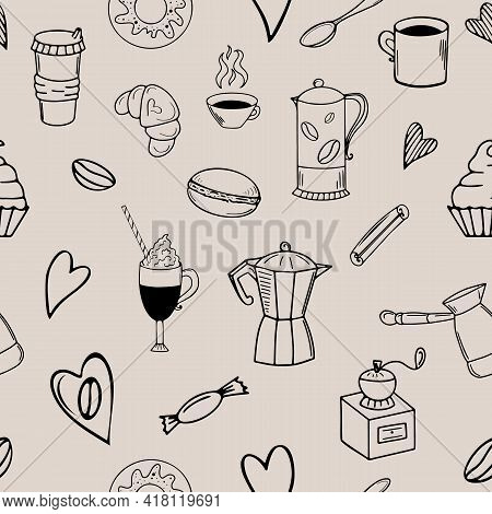 Seamless Coffee-themed Doodle Pattern On Beige Background