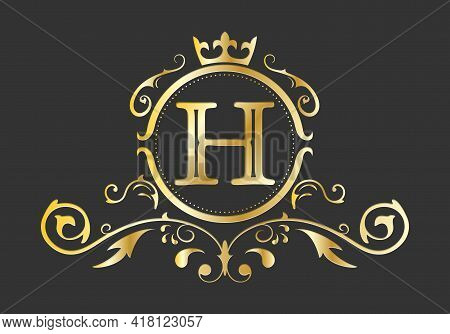 Golden Stylized Letter H Of The Latin Alphabet. Monogram Template With Ornament And Crown For Design