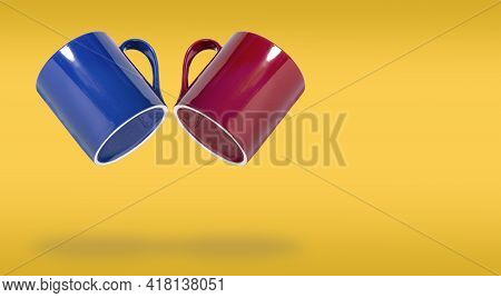 Red And Blue Cup On Yellow Background, Restaurant Or Cafe Wide Banner Or Flyer Mockup.