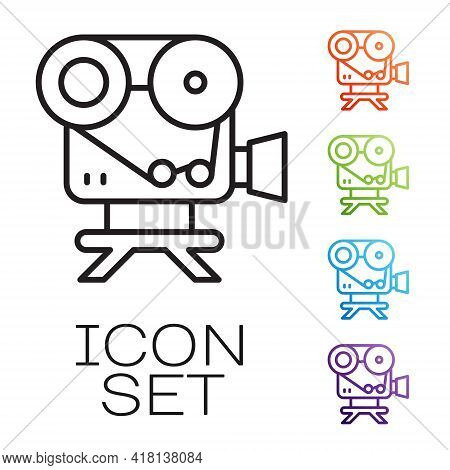 Black Line Retro Cinema Camera Icon Isolated On White Background. Video Camera. Movie Sign. Film Pro
