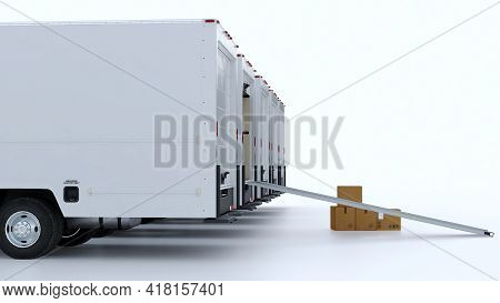 A Row Of White Vans On Isolated Background. Moving Boxes And Truck From The Back. Delivery And Shipp