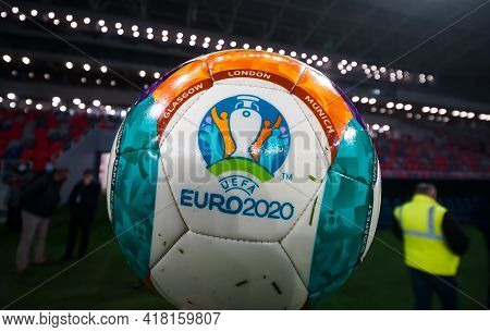 Bucharest, Romania - November 27, 2020: Uefa Euro 2020 Ball On The New Steaua Stadium Open For A Pre