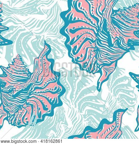 Colored Doodle Ocean Shells In Freehand Style Hand Drawn Sea Life Seamless Pattern. Amazing Inhabita
