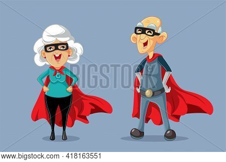 Superhero Grandparents Wearing Red Cape Vector Cartoon Illustration