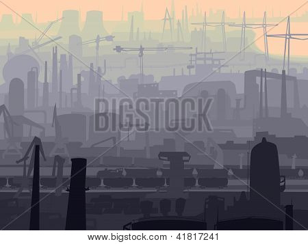Abstraktní ilustrace průmyslovou část města v noci.