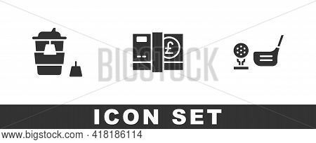 Set Coffee Cup To Go, Pound Sterling Money And Golf Club With Ball Tee Icon. Vector