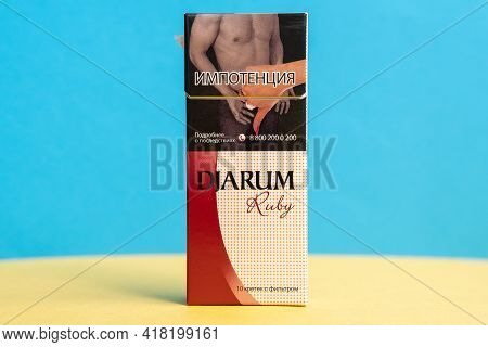Tyumen, Russia-april 17, 2021: Djarum Is A Kretek Ruby Manufactured By Djarum. Close-up Selective Fo