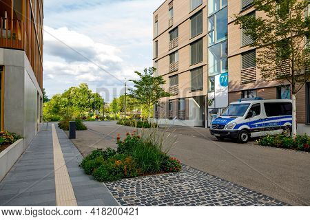 Heilbronn, Germany - August 12, 2019. Police Car Is Parked In New City Block Built Using Architectur