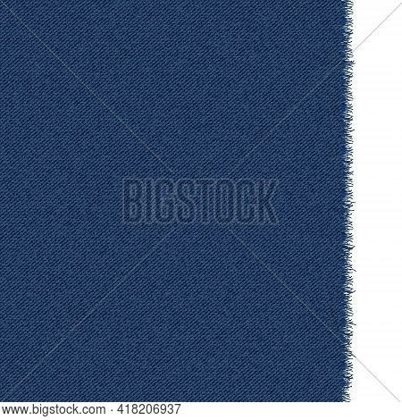 Blue Classic Jeans Denim Texture With A Ragged Edge. Dark Jeans Texture. Realistic Vector Illustrati