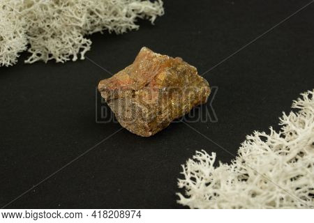 Andalusite From Brazil Or China. Natural Mineral Stone On A Black Background Surrounded By Moss. Min
