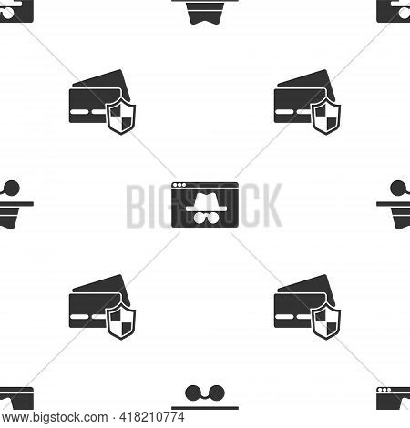 Set Incognito Mode, Browser Incognito Window And Credit Card With Shield On Seamless Pattern. Vector