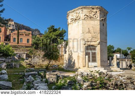 Tower Of Winds Or Aerides In Roman Agora, Athens, Greece. It Is Landmark Of Athens. Ancient Greek Ru