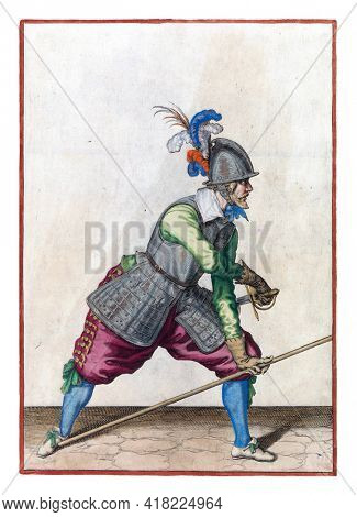 A soldier, full-length to the right, placing spear (lance) with left hand against right foot and drawing his sword with right hand