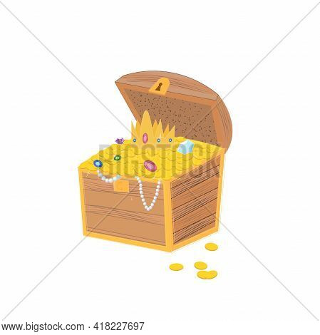 Chest With Golden Coins, Gems, Pearls And Treasures Isolated On White Background.