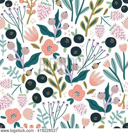 Seamless Pattern With Flowers, Blueberry And Leaves, Rasberry. Creative Hight Detailed Floral Textur