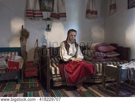 Salaj,transylvania,romania-may 14, 2018: Beautiful Young Girl In Traditional Romanian Folk Costume S