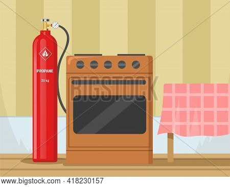 Gas Stove With Propane Container In Kitchen Vector Illustration. Cylinder With Propane, Balloon With