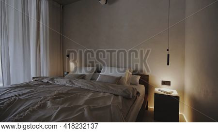 Bedroom Interior, Large Double Bed, In White And Gray, In A Modern Style