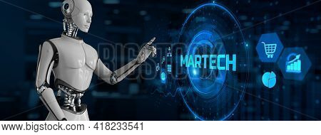 Martech Digital Marketing Automation Technology Concept. Robot Pressing Button On Screen 3d Render