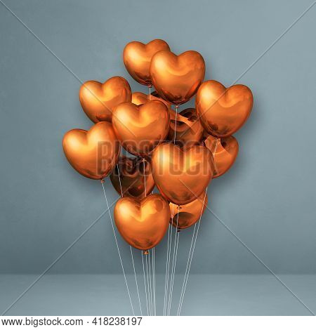 Copper Heart Shape Balloons Bunch On A Grey Wall Background. 3d Illustration Render